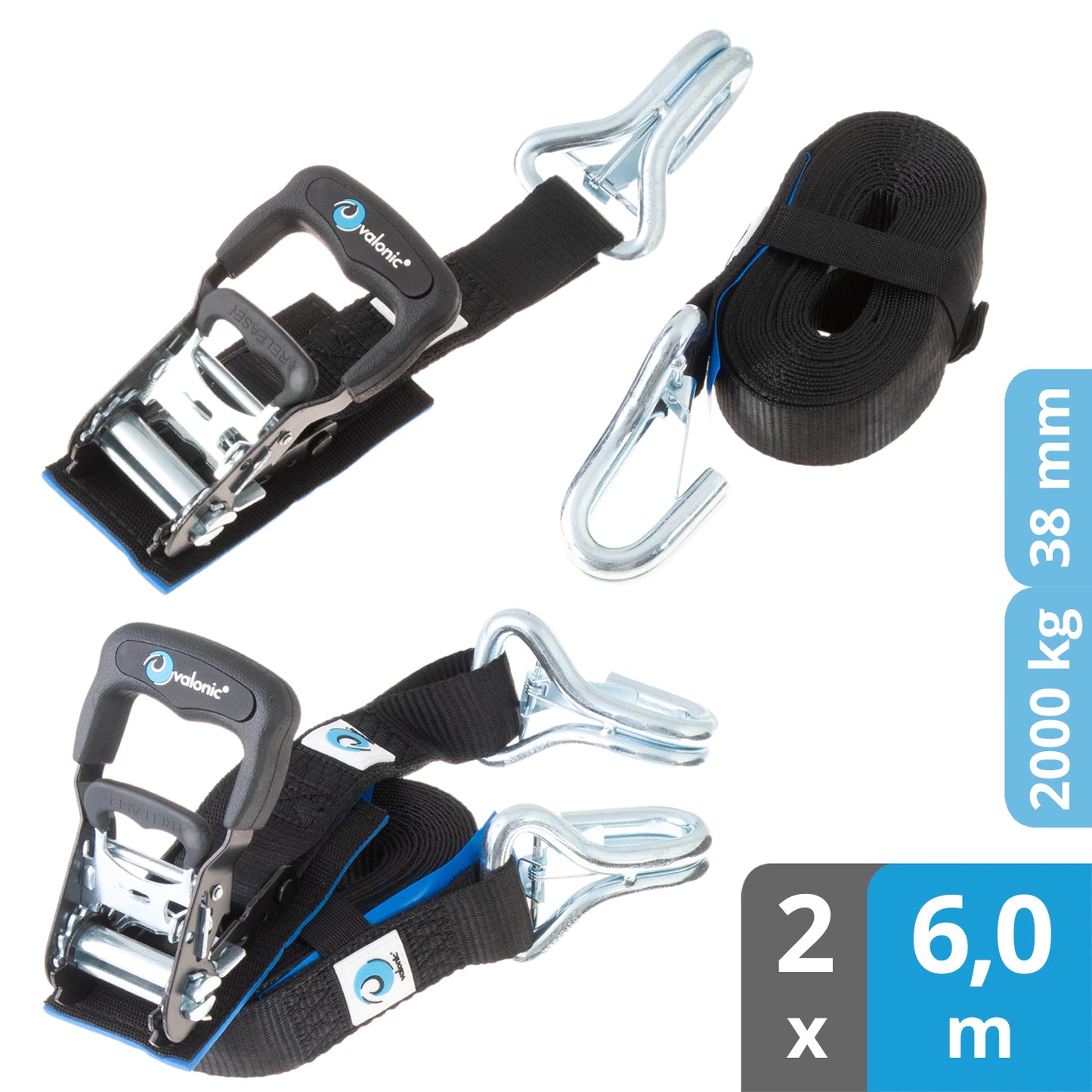 2x Spanngurte mit Ratsche & Haken - 38mm - valonic BUFFALO